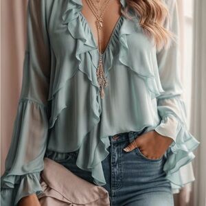Chic Ruffled Blouse in Soft Teal